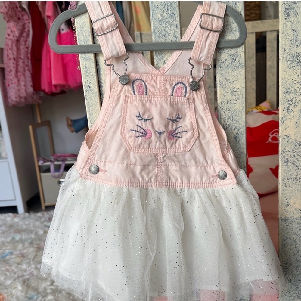 OshKosh B’gosh Bunny Tulle Dress Overalls 18-24M Pink Easter Outfit NWOT